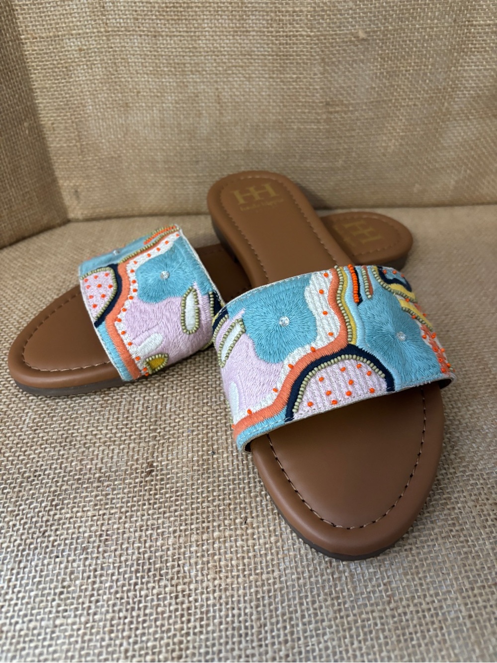 Haute Hippie Multicolored Embroidery Flat Slide Sandals Beads & Rhinestone 10